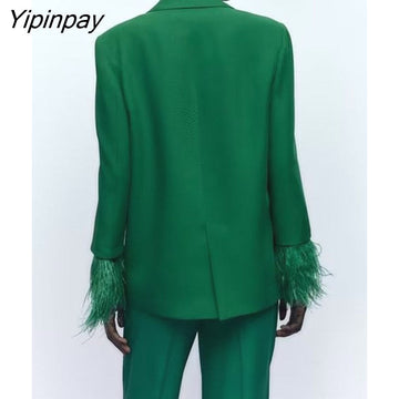 Yipinpay 2Pcs Spring Autumn Women Solid Blazer Suit 2023 Feather Office Outfits Elegant Jackets Coats Long Trousers Basic Outwear
